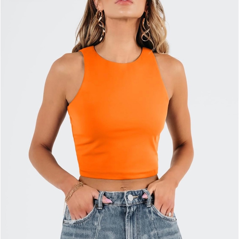 Neon Orange Sleeveless High Neck Summer Crop Top Size Small
